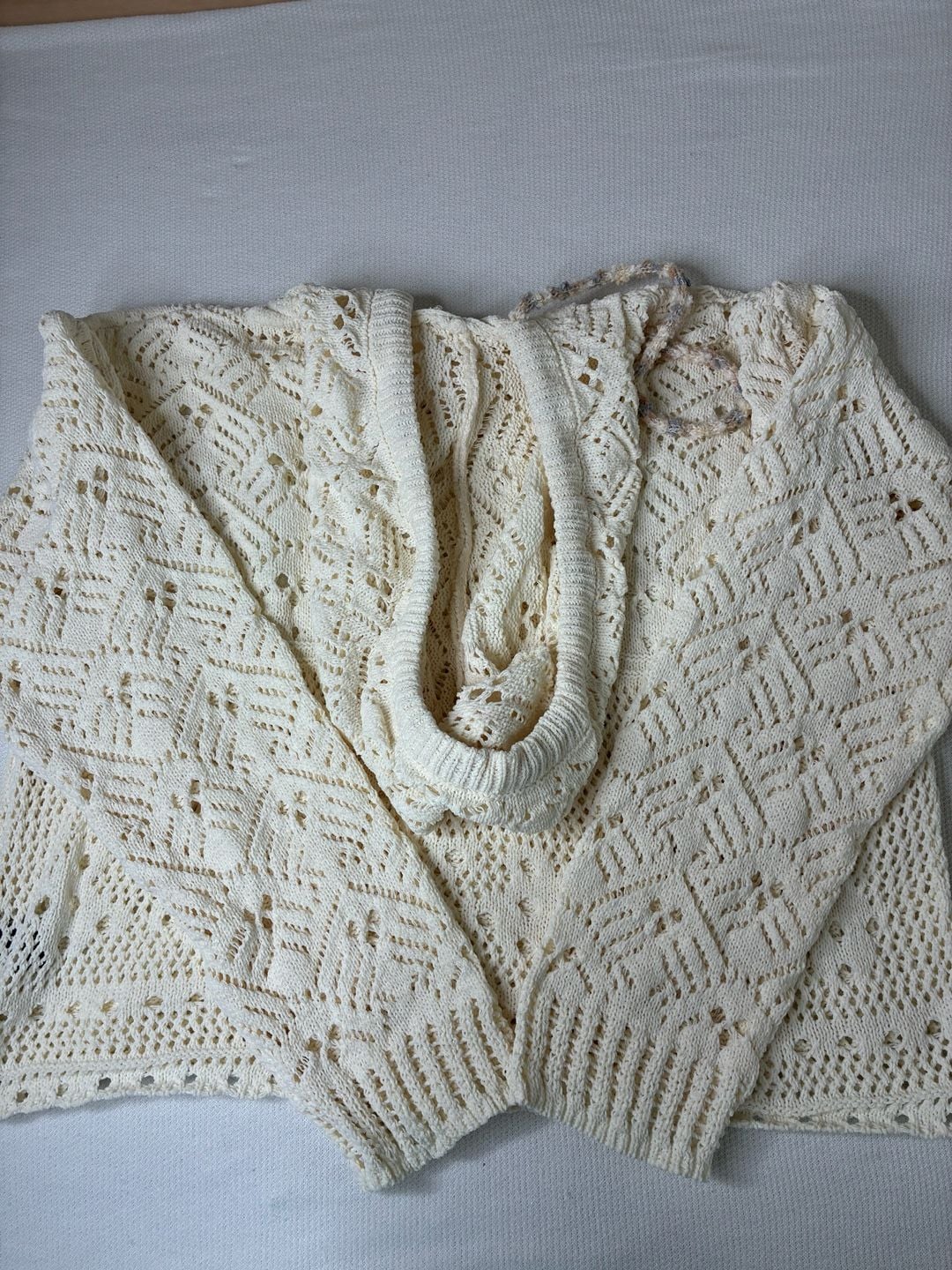 POL Cream Crochet Open Knit Hooded Sweater Floral Beaded Boho Pullover M 10