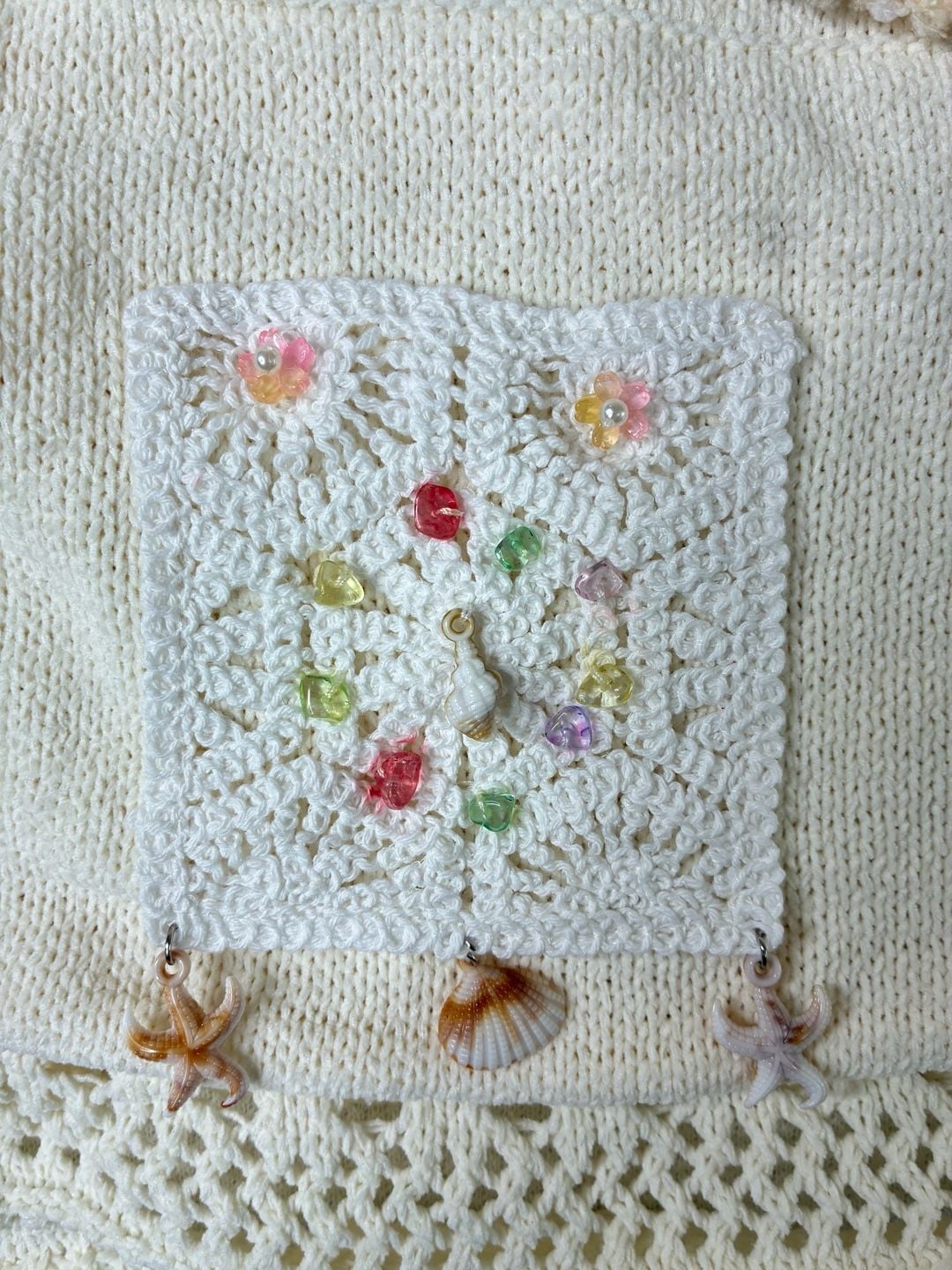 POL Cream Crochet Open Knit Hooded Sweater Floral Beaded Boho Pullover M 12