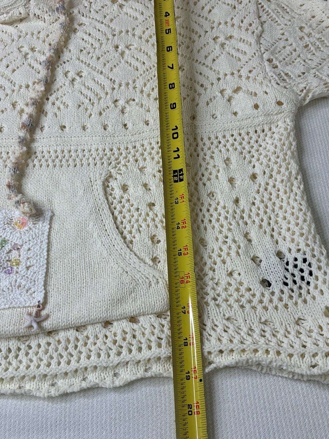 POL Cream Crochet Open Knit Hooded Sweater Floral Beaded Boho Pullover M 13