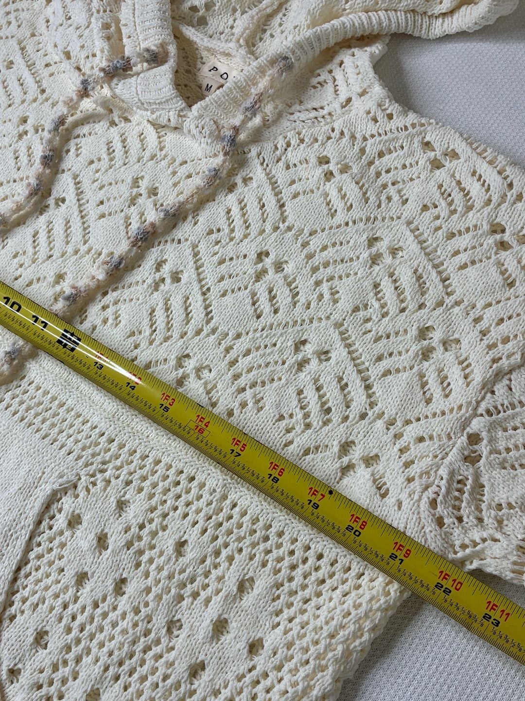POL Cream Crochet Open Knit Hooded Sweater Floral Beaded Boho Pullover M 14