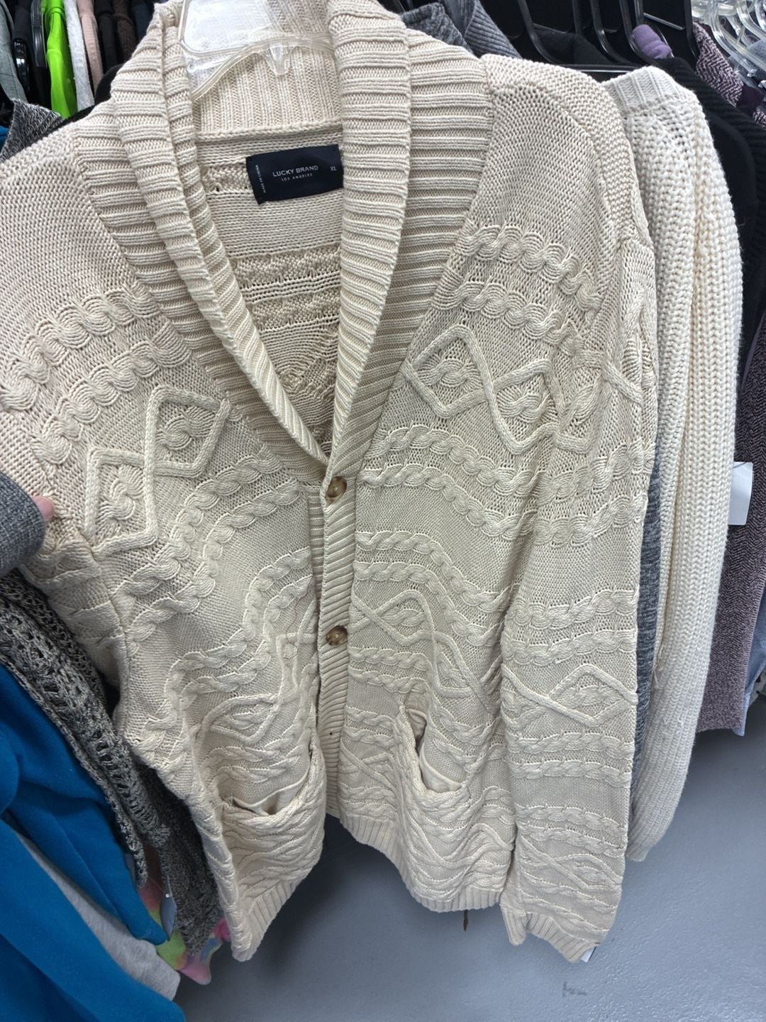 Lucky Brand Shawl Collar Cardigan Size XL Cream Cable Knit Sweater 1