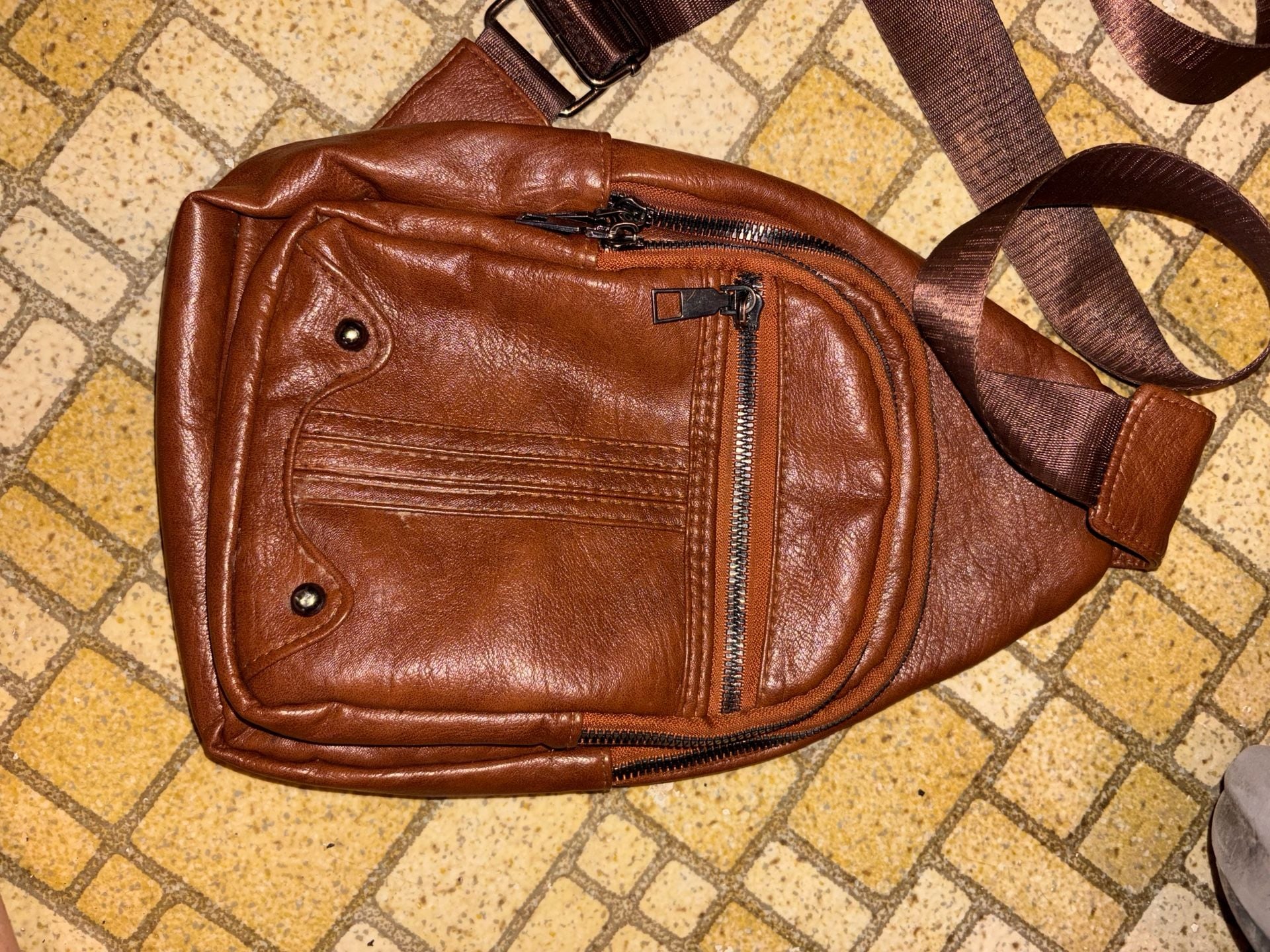 Unbranded Faux Leather Sling Bag Brown Crossbody Chest Backpack 3