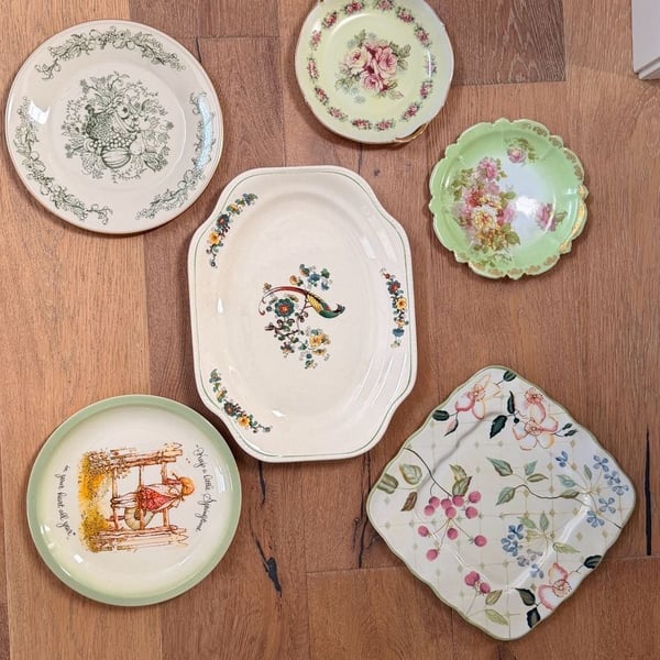 Green plate wall! curated collection of 6 large vintage plates in green theme
