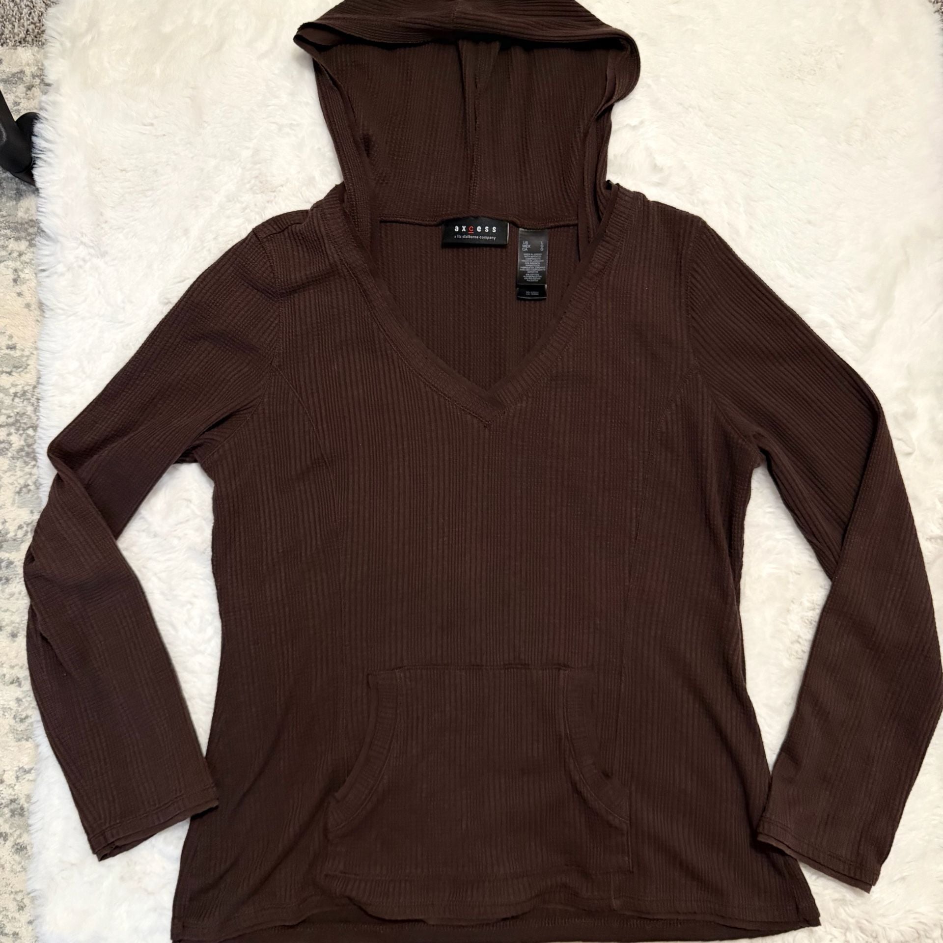 Axcess Waffle Knit Hoodie Size L Brown V-Neck Long Sleeve Pocket 3
