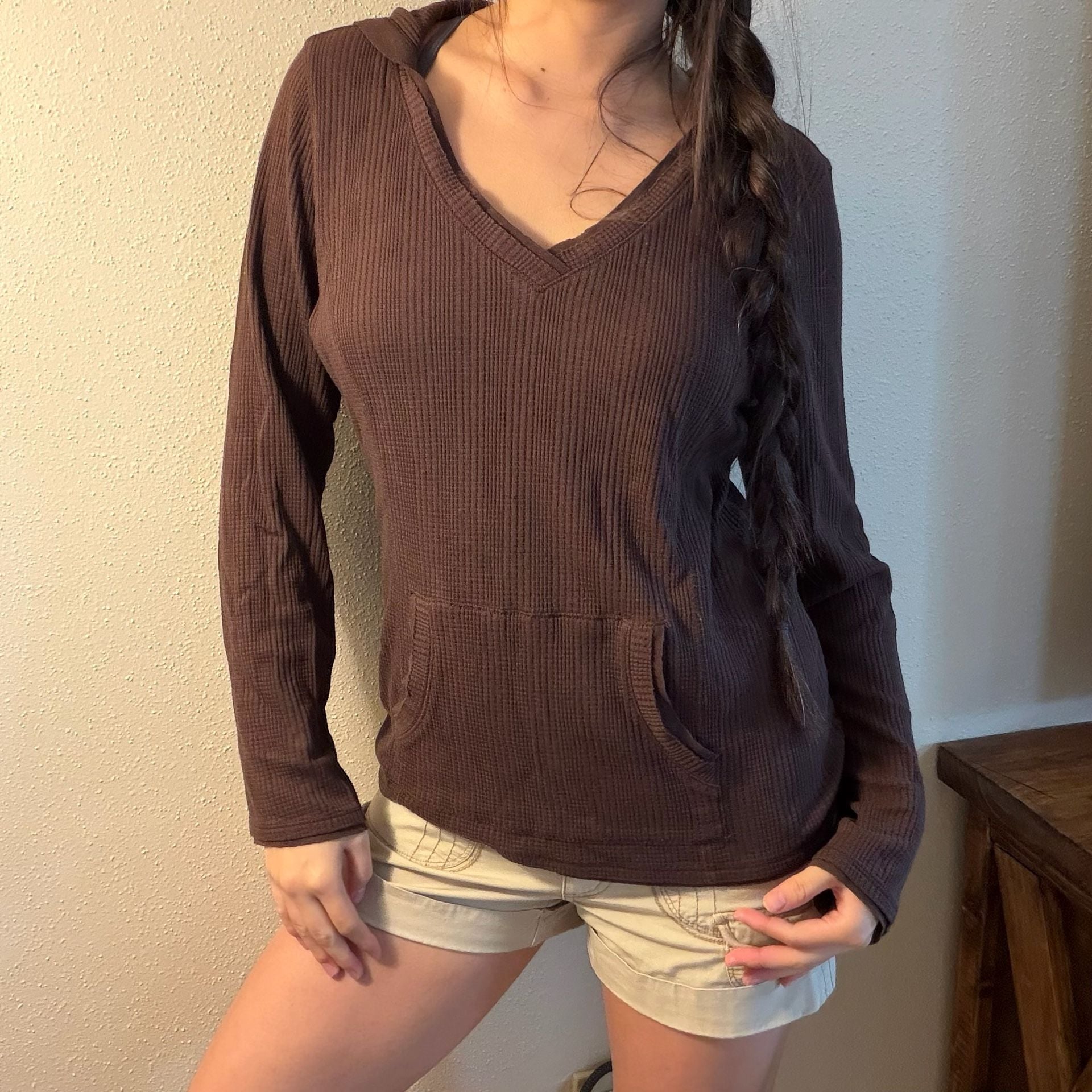 Axcess Waffle Knit Hoodie Size L Brown V-Neck Long Sleeve Pocket 2