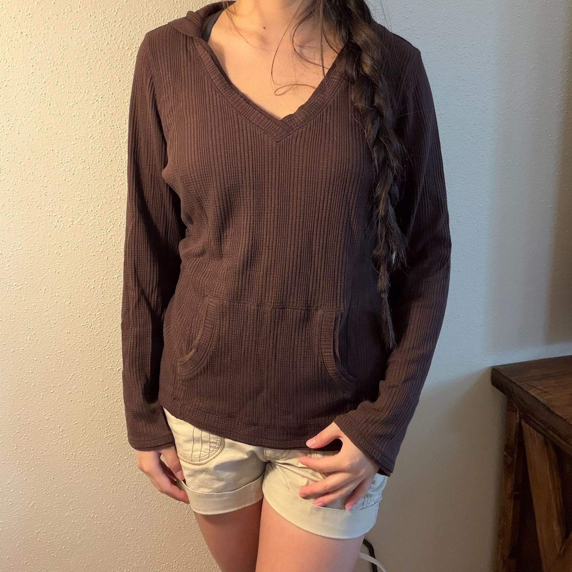 Axcess Waffle Knit Hoodie Size L Brown V-Neck Long Sleeve Pocket 7
