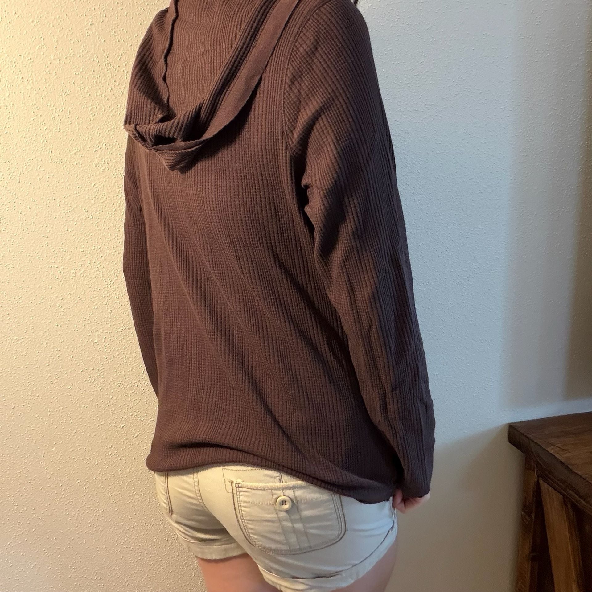 Axcess Waffle Knit Hoodie Size L Brown V-Neck Long Sleeve Pocket 8