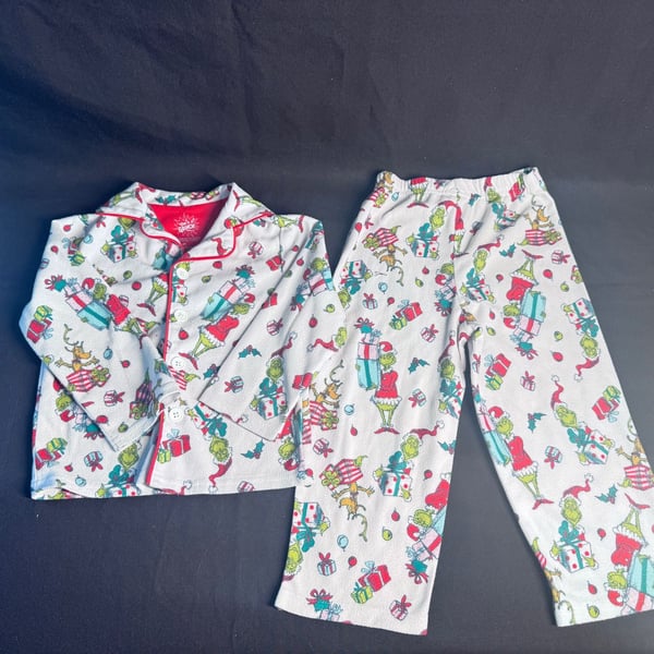 The Grinch Pajama Set Size 3T White Christmas Fleece Button-Down