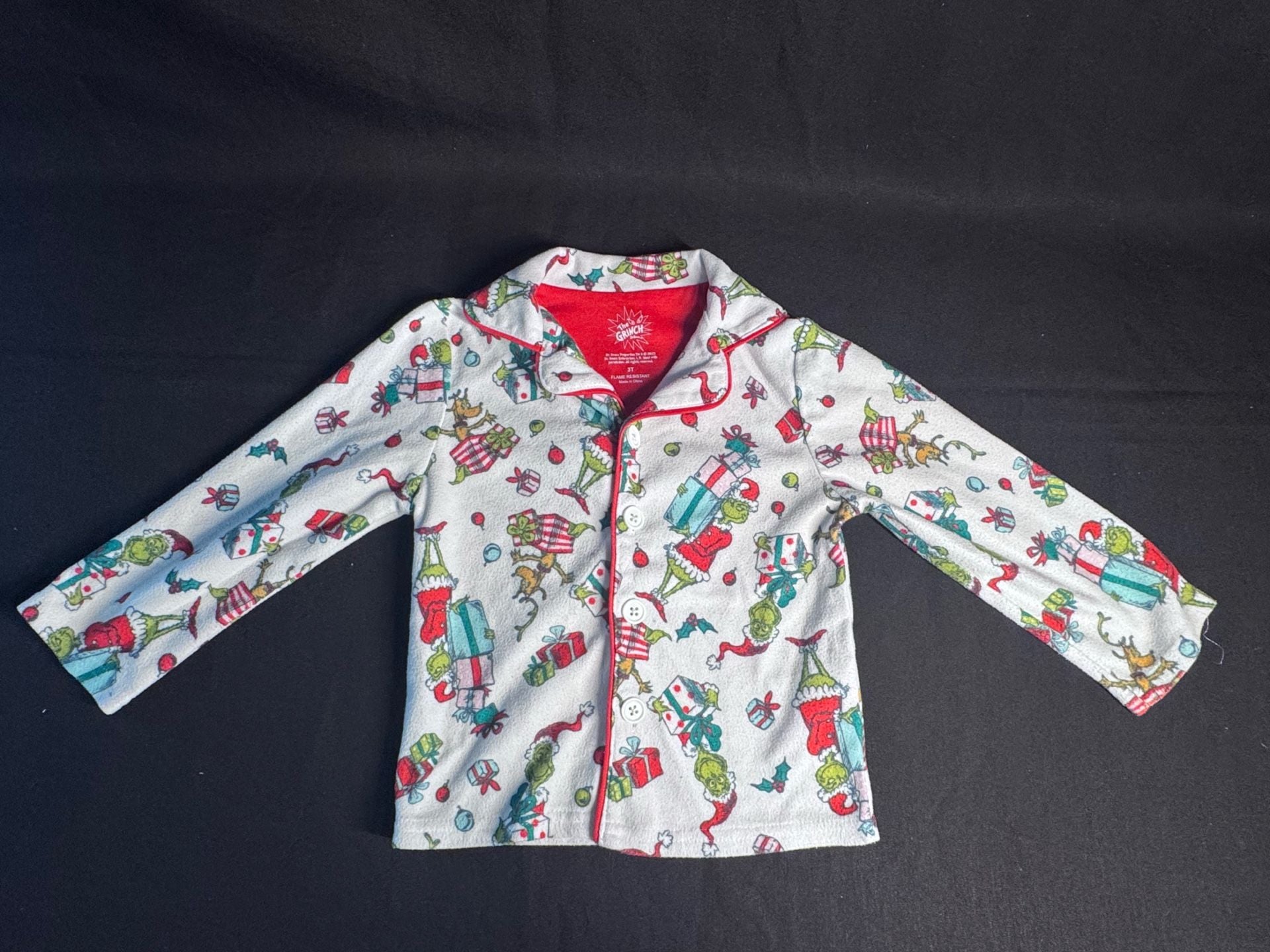 The Grinch Pajama Set Size 3T White Christmas Fleece Button-Down 3