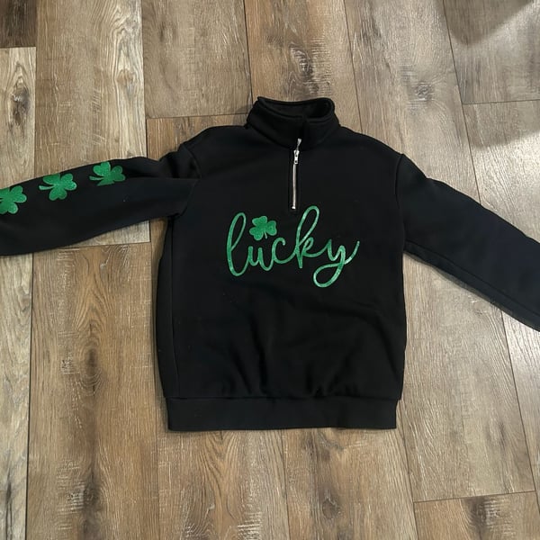 Black Lucky Shamrock Quarter Zip Sweatshirt