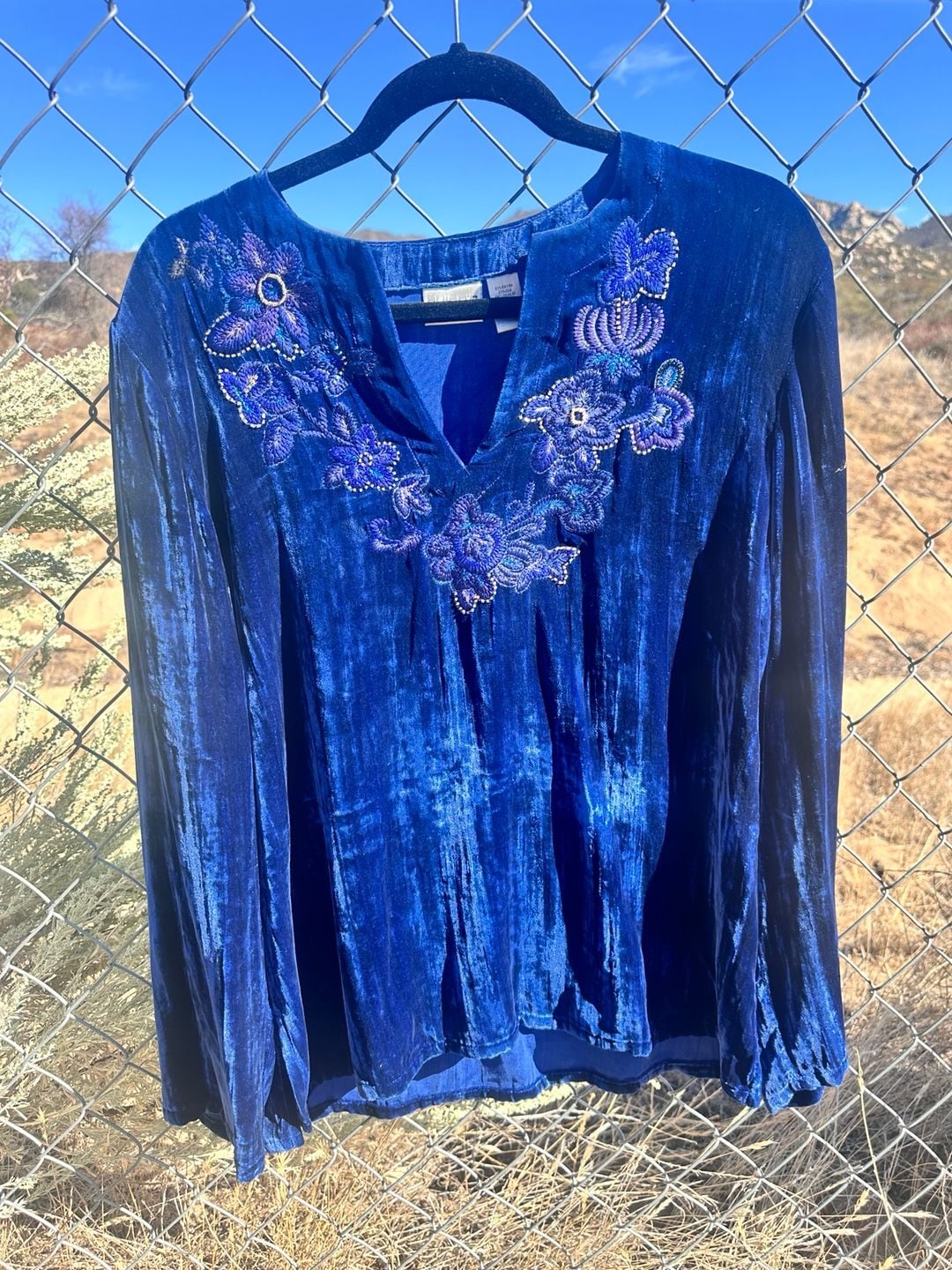 Chico'S Velvet Embroidered Tunic Size 2 Royal Blue Rayon Silk 3