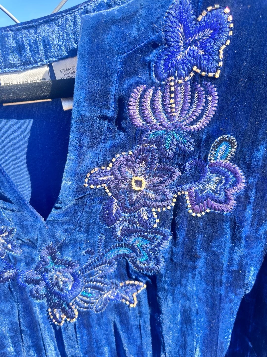 Chico'S Velvet Embroidered Tunic Size 2 Royal Blue Rayon Silk 4