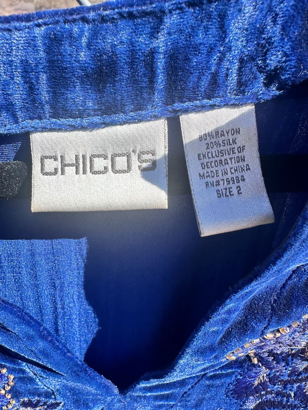 Chico'S Velvet Embroidered Tunic Size 2 Royal Blue Rayon Silk 5