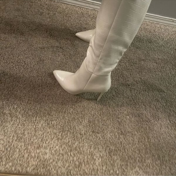 White Croc Embossed Knee High Stiletto Boots new 