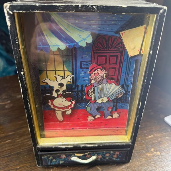 Ingrid Vintage Music Box Switzerland Accordion Player and Dancing Dog Shadow Box
