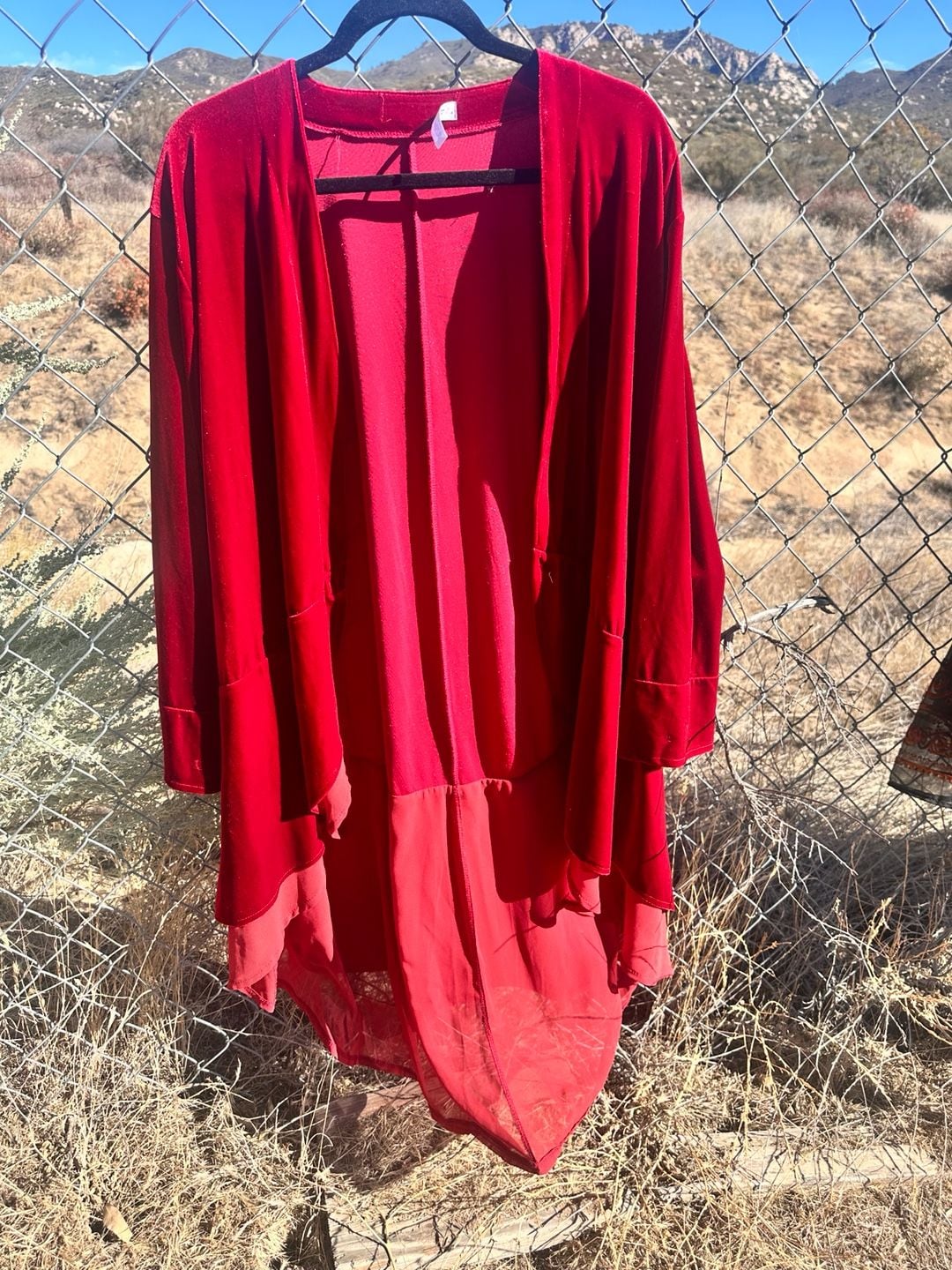 R.Vivimos Velvet Duster Cardigan Size XL US 16/18 Red Chiffon Hem 3