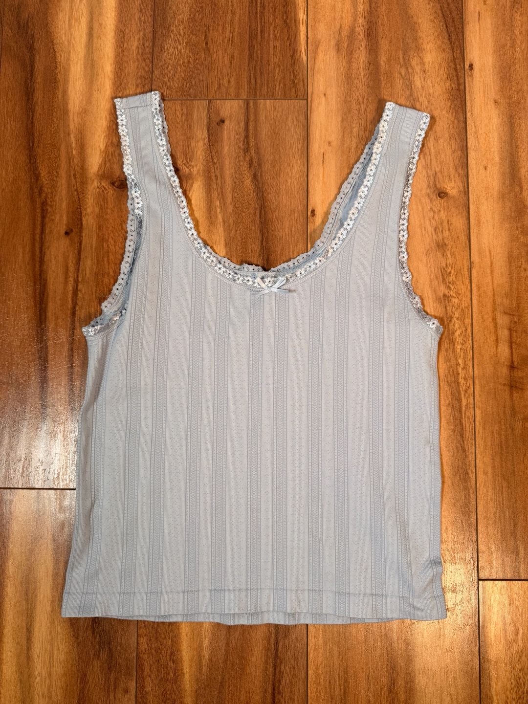 Pink Rose Lace Trim Tank Top Size S/M Blue Ribbed Bow 2