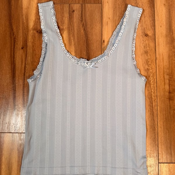 Pink Rose Lace Trim Tank Top Size S/M Blue Ribbed Bow