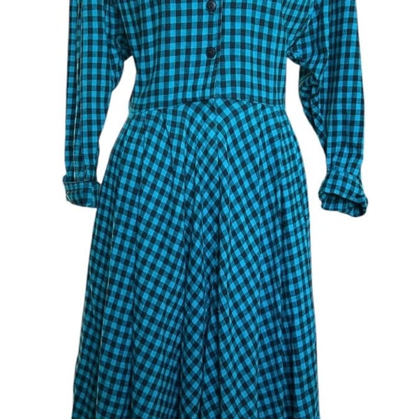 Vintage Carol Anderson Petites Size 6 Teal Black Plaid Dress
