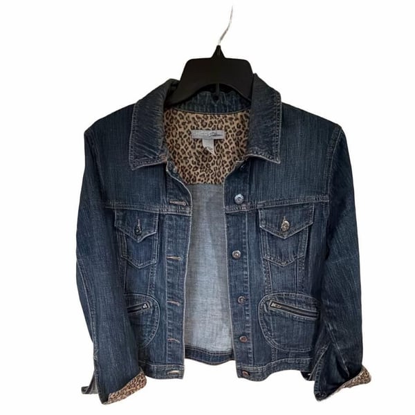 Chico's Platinum Denim Jacket Size 2 Blue Leopard Print Cuffs