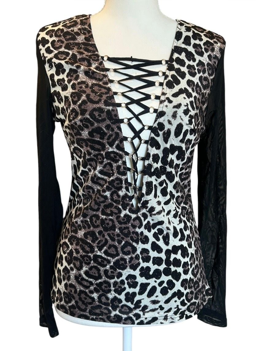 NWT Pastel Leopard Lace-Up Top Size M Black Animal Print Y2K 2