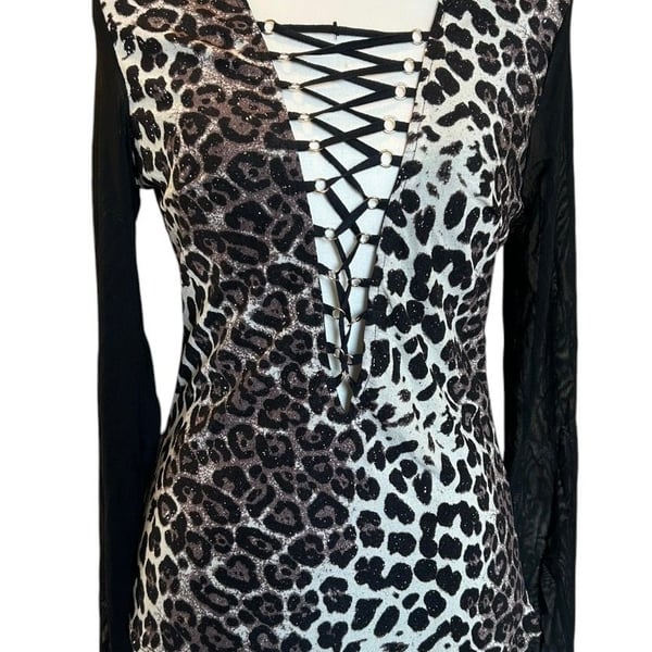 NWT Pastel Leopard Lace-Up Top Size M Black Animal Print Y2K