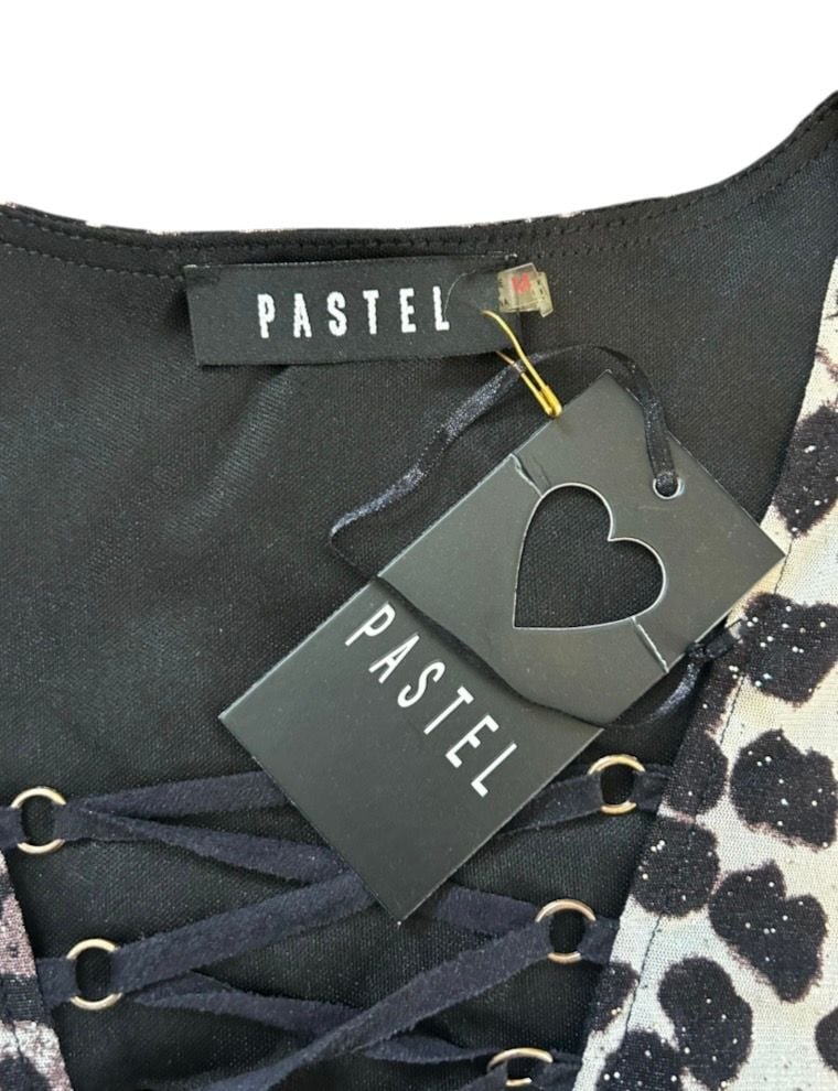 NWT Pastel Leopard Lace-Up Top Size M Black Animal Print Y2K 4