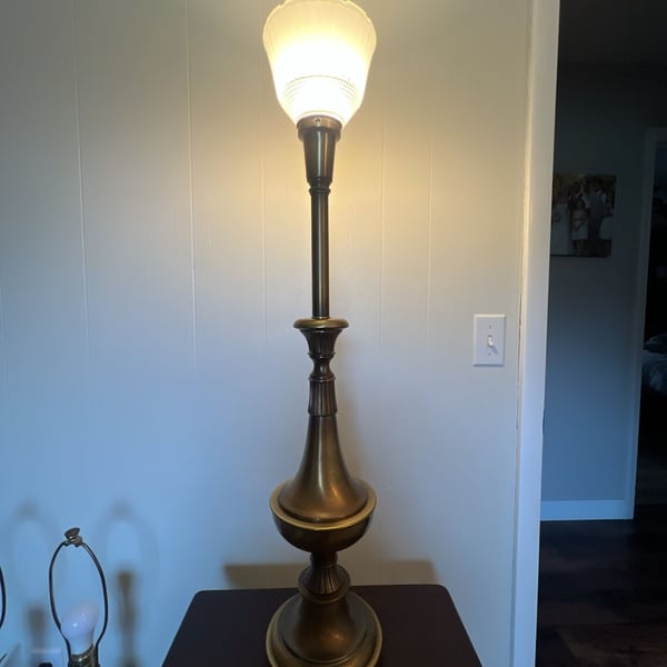 Stiffel Rembrandt Hollywood Regency Torchiere Lamp Brass Milk Glass