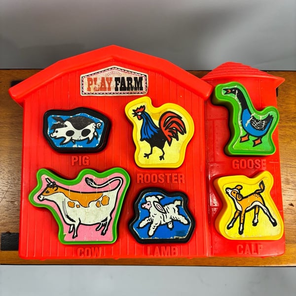 Amloid Play Farm Vintage 1970s Chunk Animal Shape Sorter Puzzle Barn