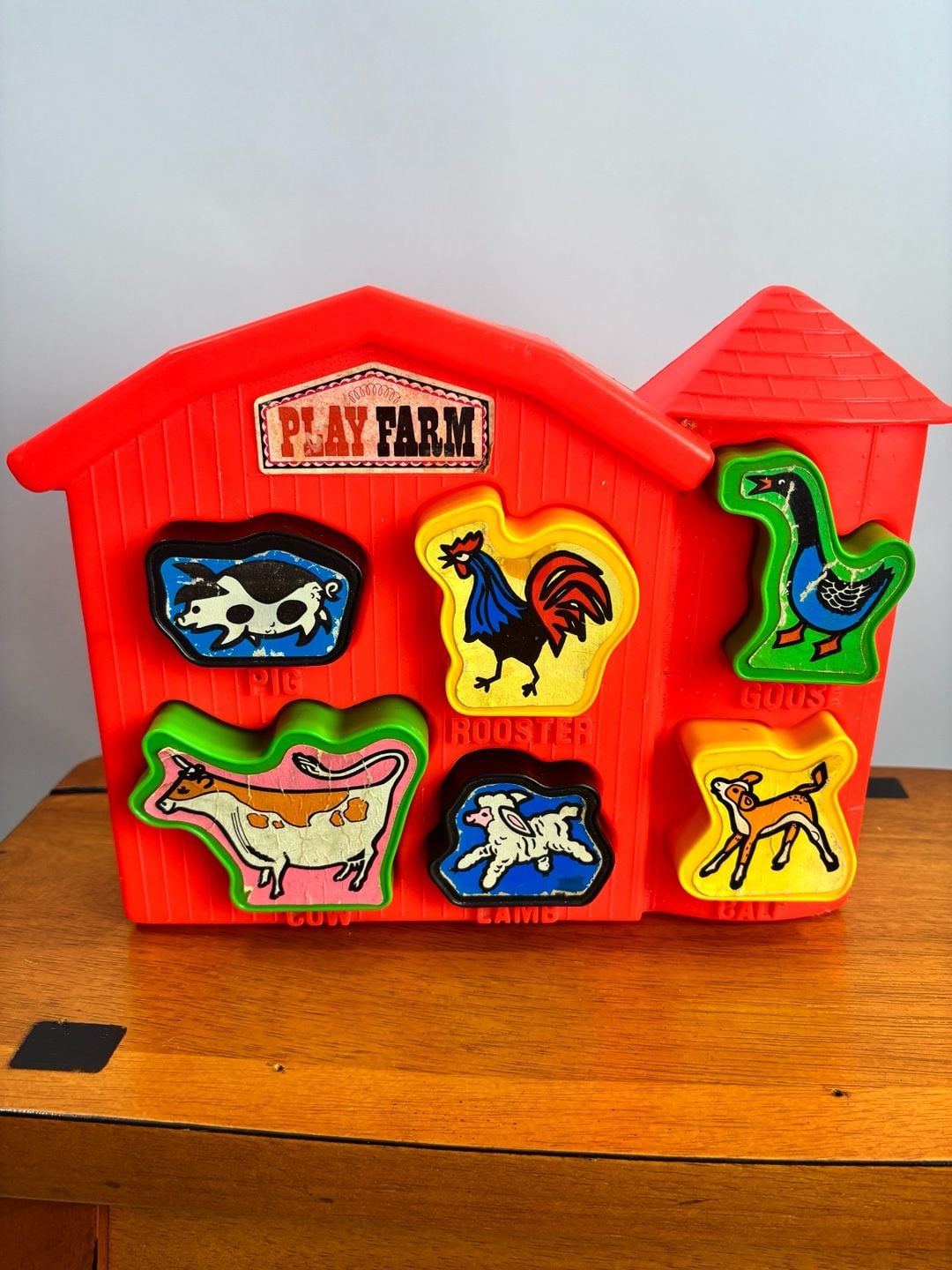 Amloid Play Farm Vintage 1970s Chunk Animal Shape Sorter Puzzle Barn 8
