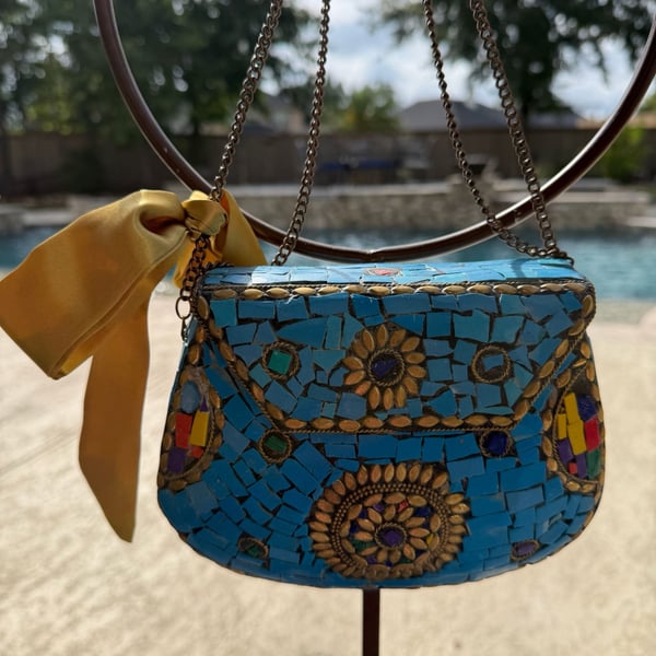 Vintage Handmade Mosaic Stone Metal Clutch Bag
#15V926
