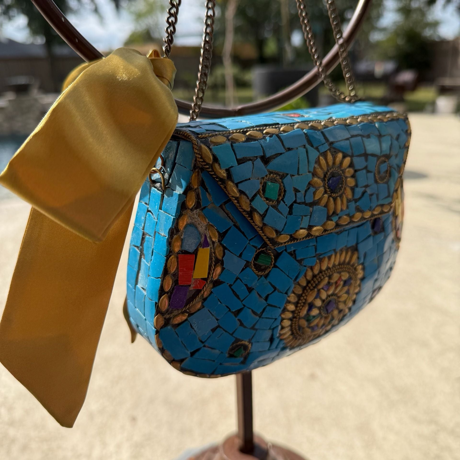 Vintage Handmade Mosaic Stone Metal Clutch Bag
#15V926 7
