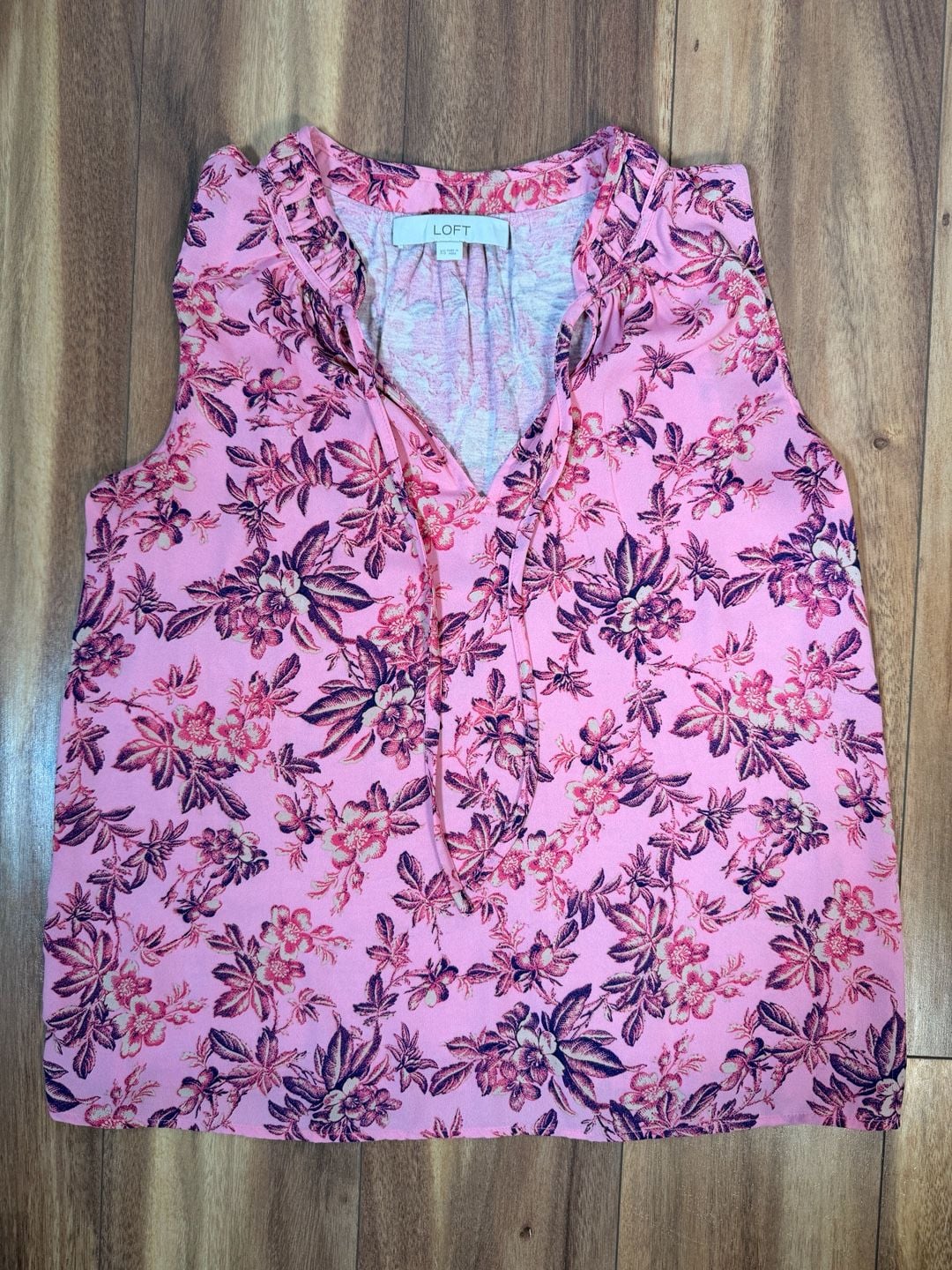 LOFT Floral Sleeveless Blouse XS Pink Tie Neck 2