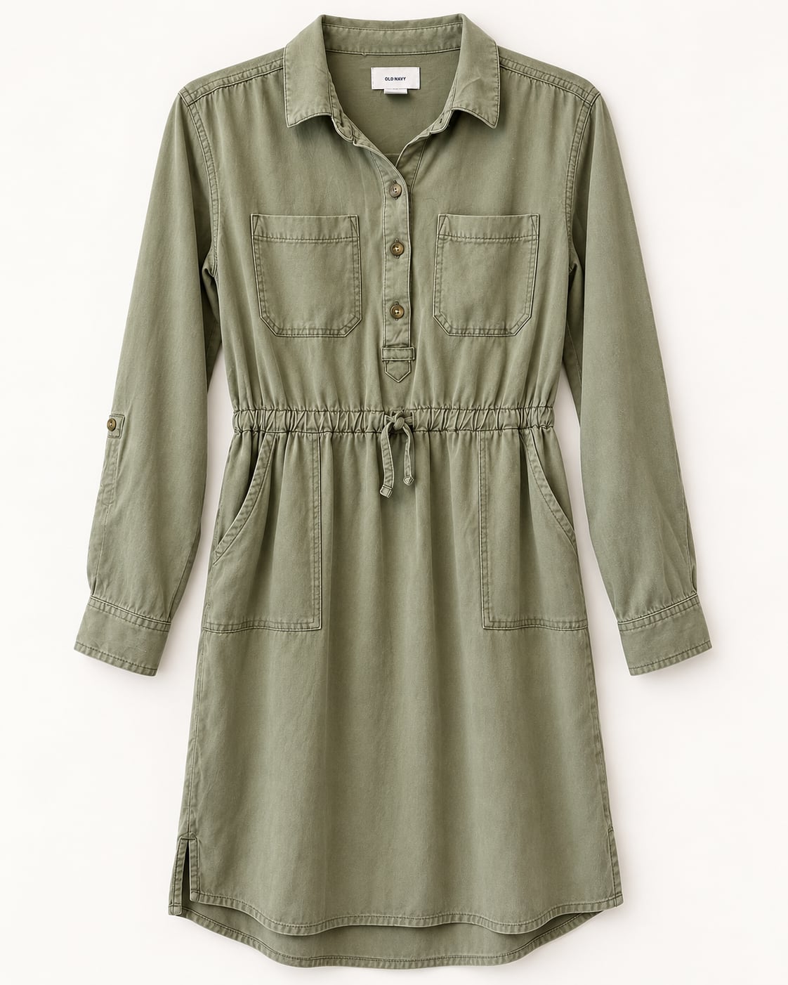 Old Navy Olive Green Utility Shirt Dress Girls Size L 10-12 Drawstring Waist 2