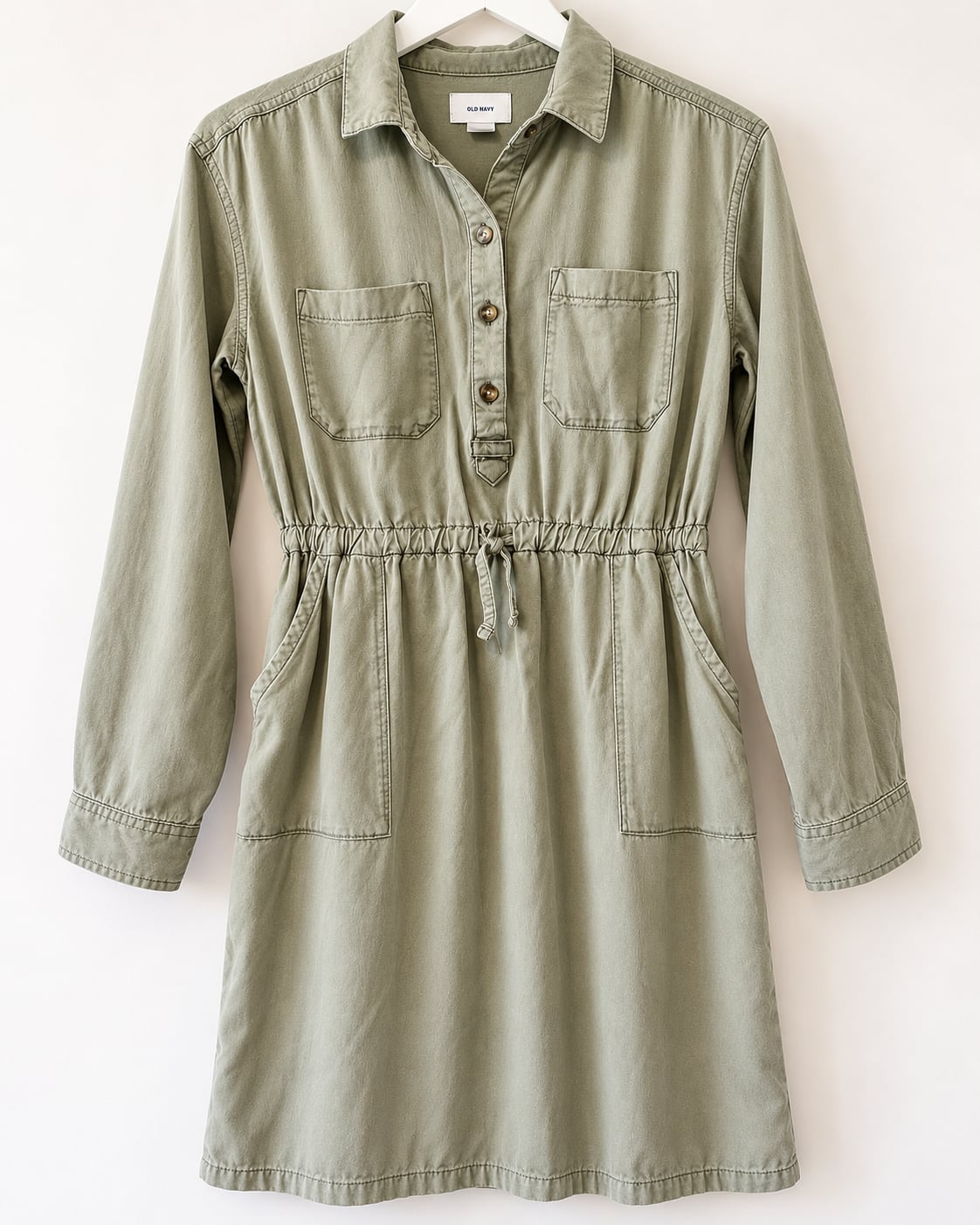 Old Navy Olive Green Utility Shirt Dress Girls Size L 10-12 Drawstring Waist 10