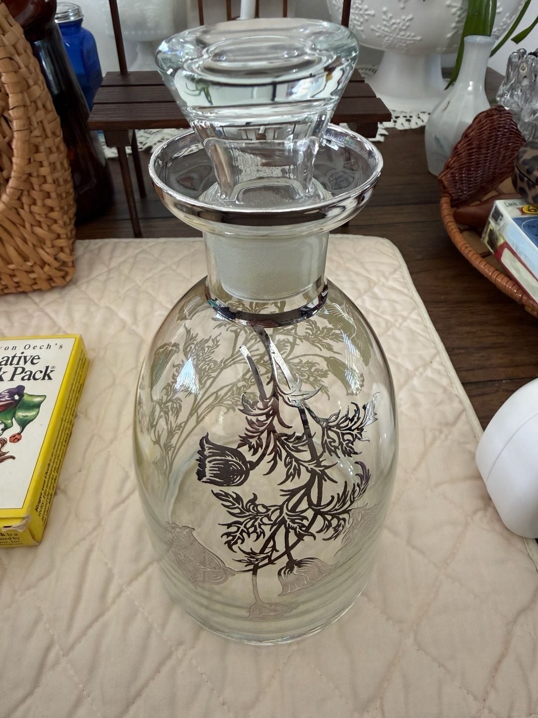 Vintage Sterling Silver Overlay Glass Decanter Stopper Floral 1