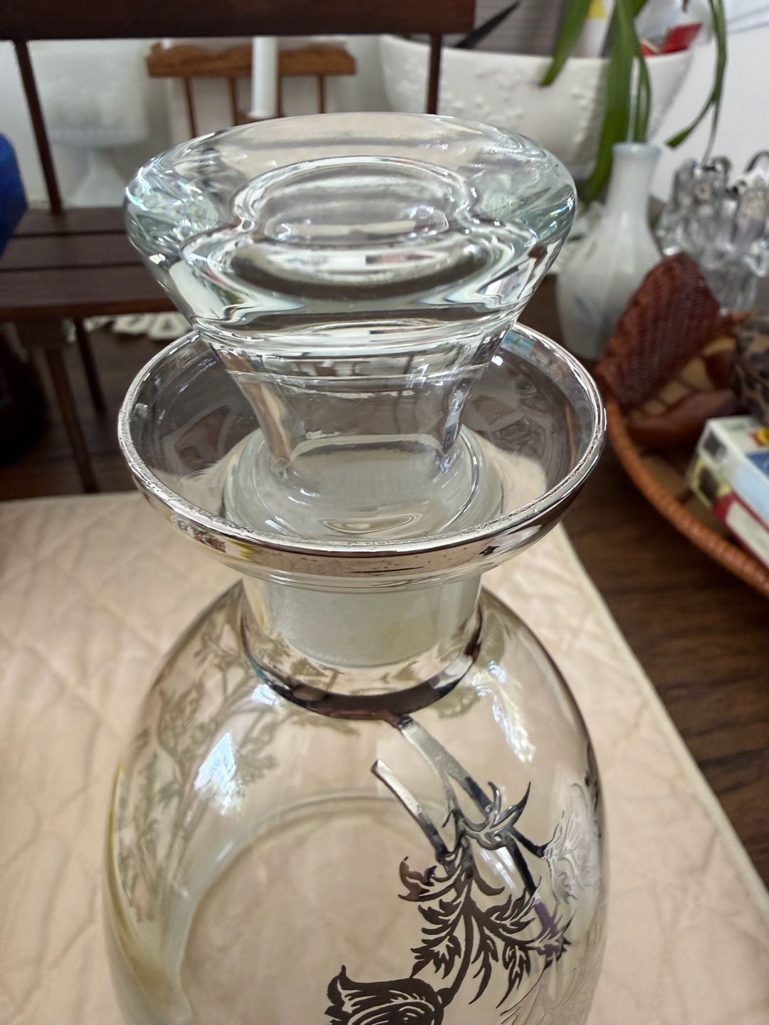 Vintage Sterling Silver Overlay Glass Decanter Stopper Floral 2