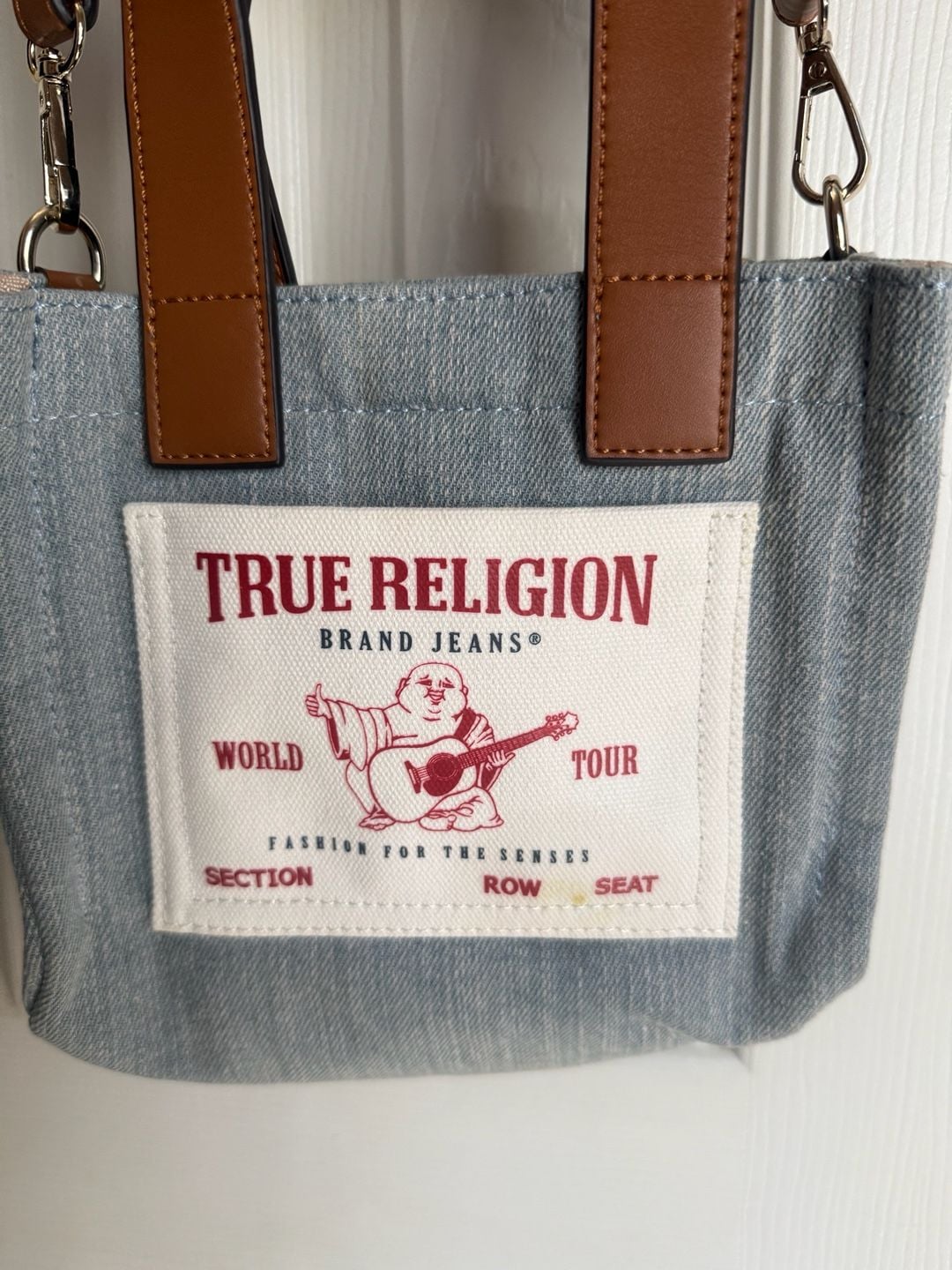 True Religion Mini Denim Tote Crossbody Bag Blue Brown 2