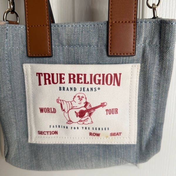 True Religion Mini Denim Tote Crossbody Bag Blue Brown