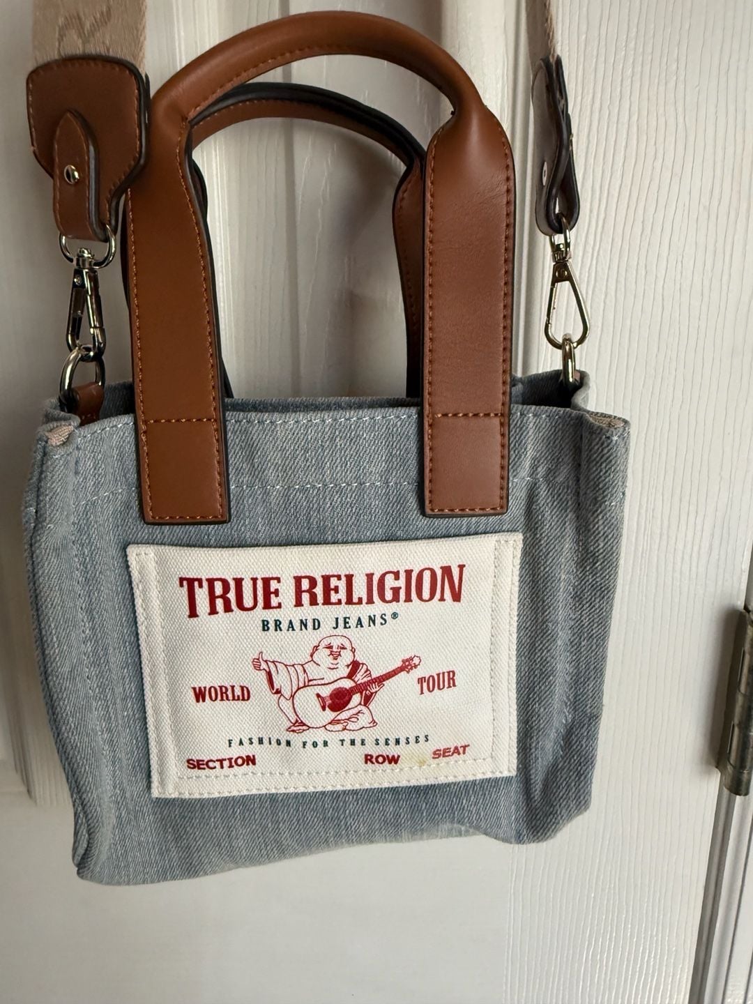 True Religion Mini Denim Tote Crossbody Bag Blue Brown 11