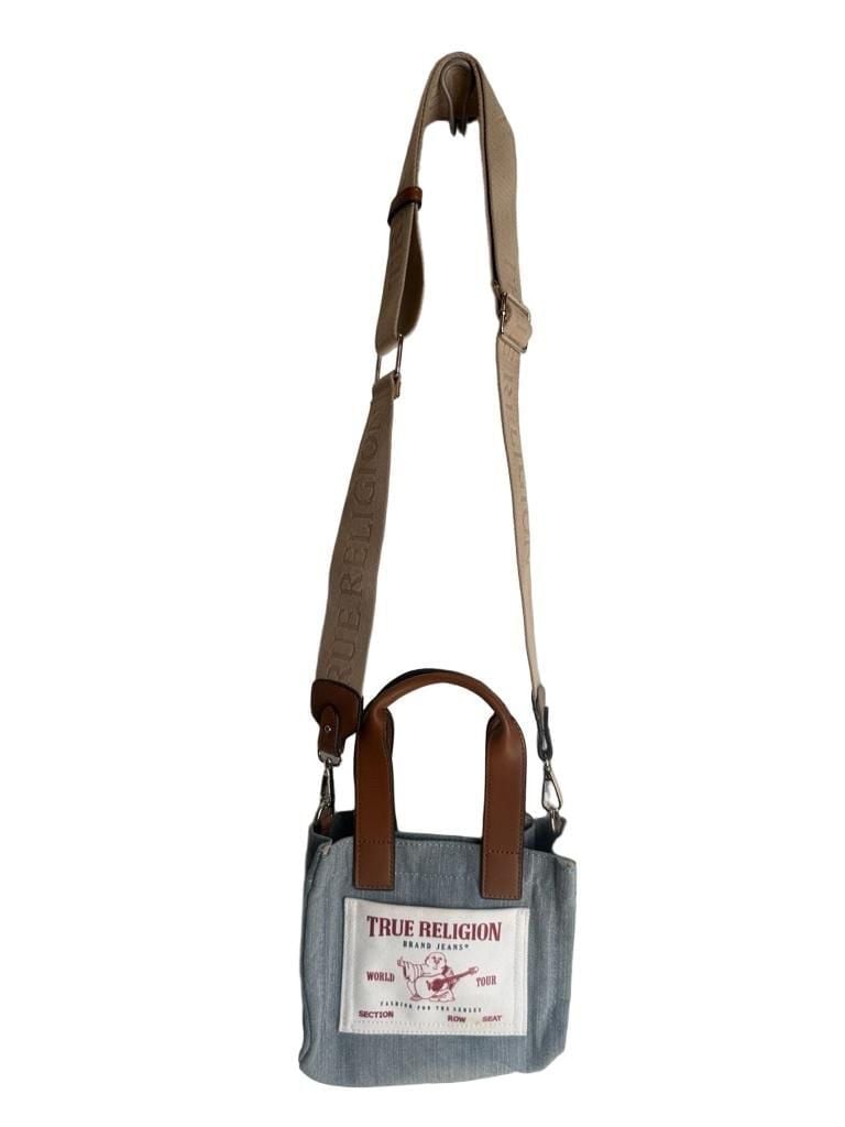True Religion Mini Denim Tote Crossbody Bag Blue Brown 3