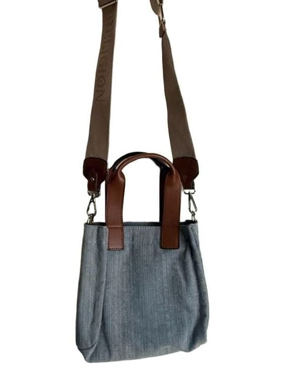 True Religion Mini Denim Tote Crossbody Bag Blue Brown 9