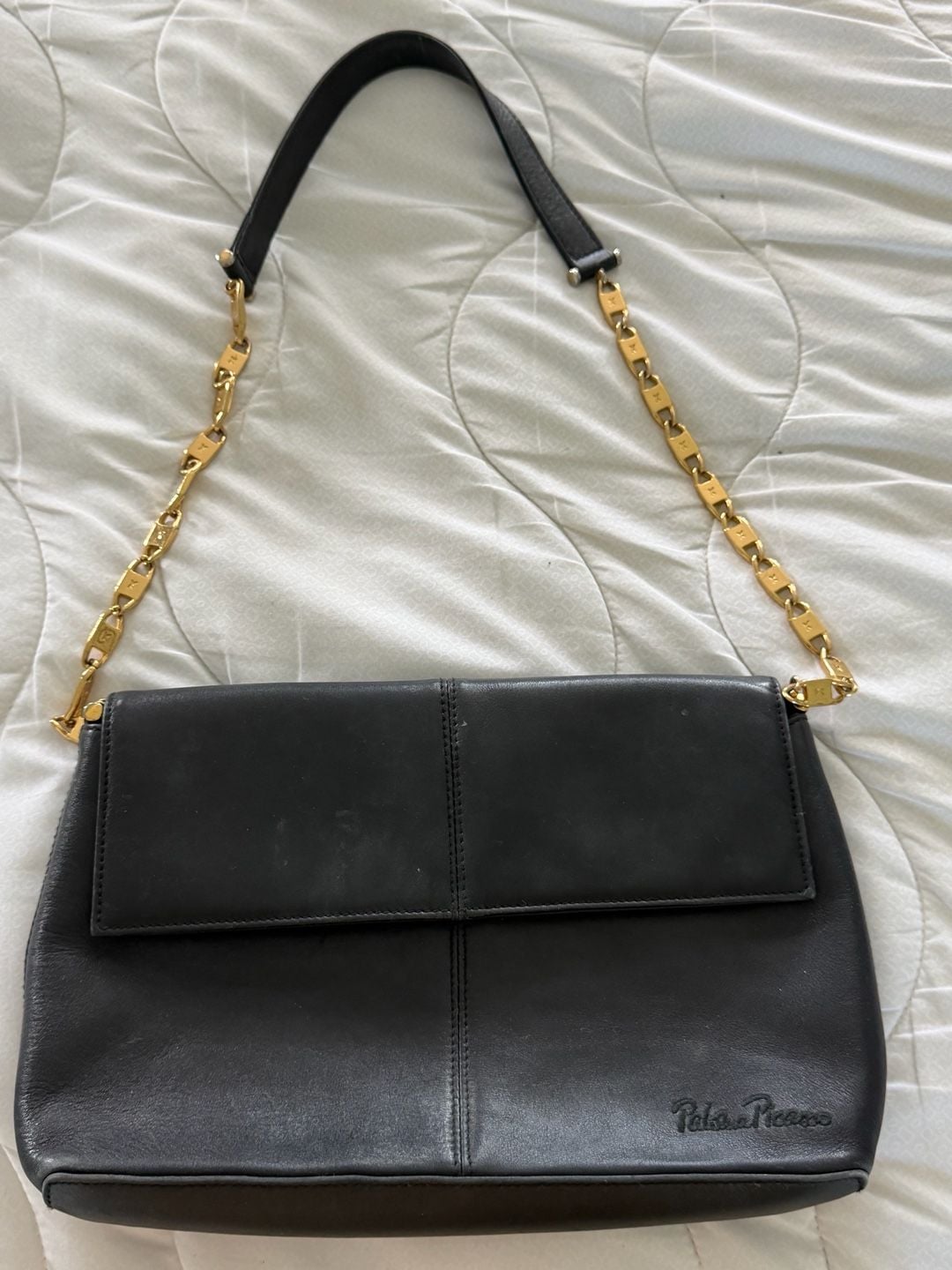 Paloma Picasso Leather Chain Link Shoulder Bag Black 2