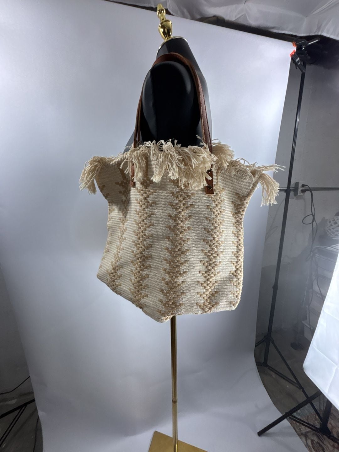 Unbranded Woven Geometric Tote Bag Beige Fringe 2