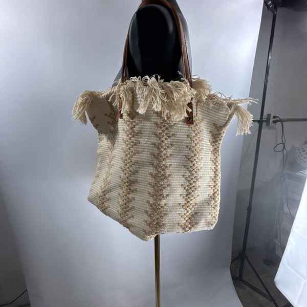 Unbranded Woven Geometric Tote Bag Beige Fringe