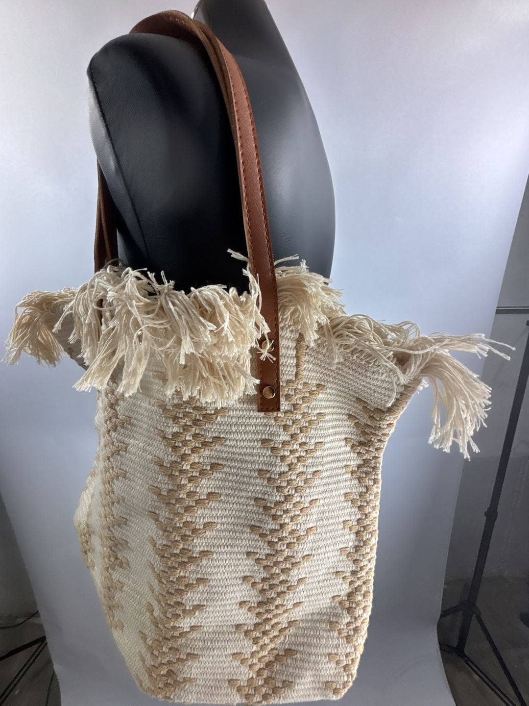 Unbranded Woven Geometric Tote Bag Beige Fringe 3