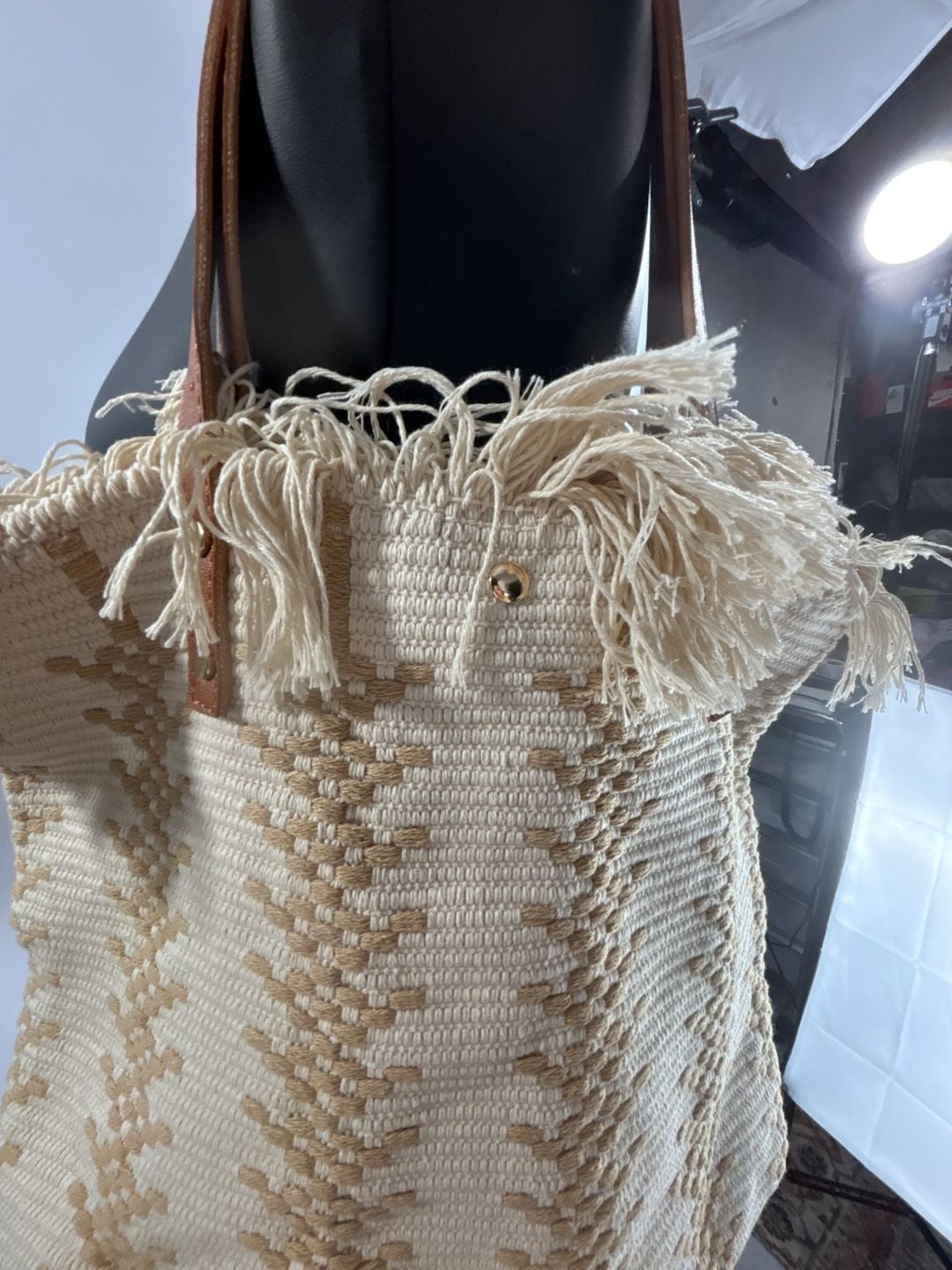 Unbranded Woven Geometric Tote Bag Beige Fringe 4