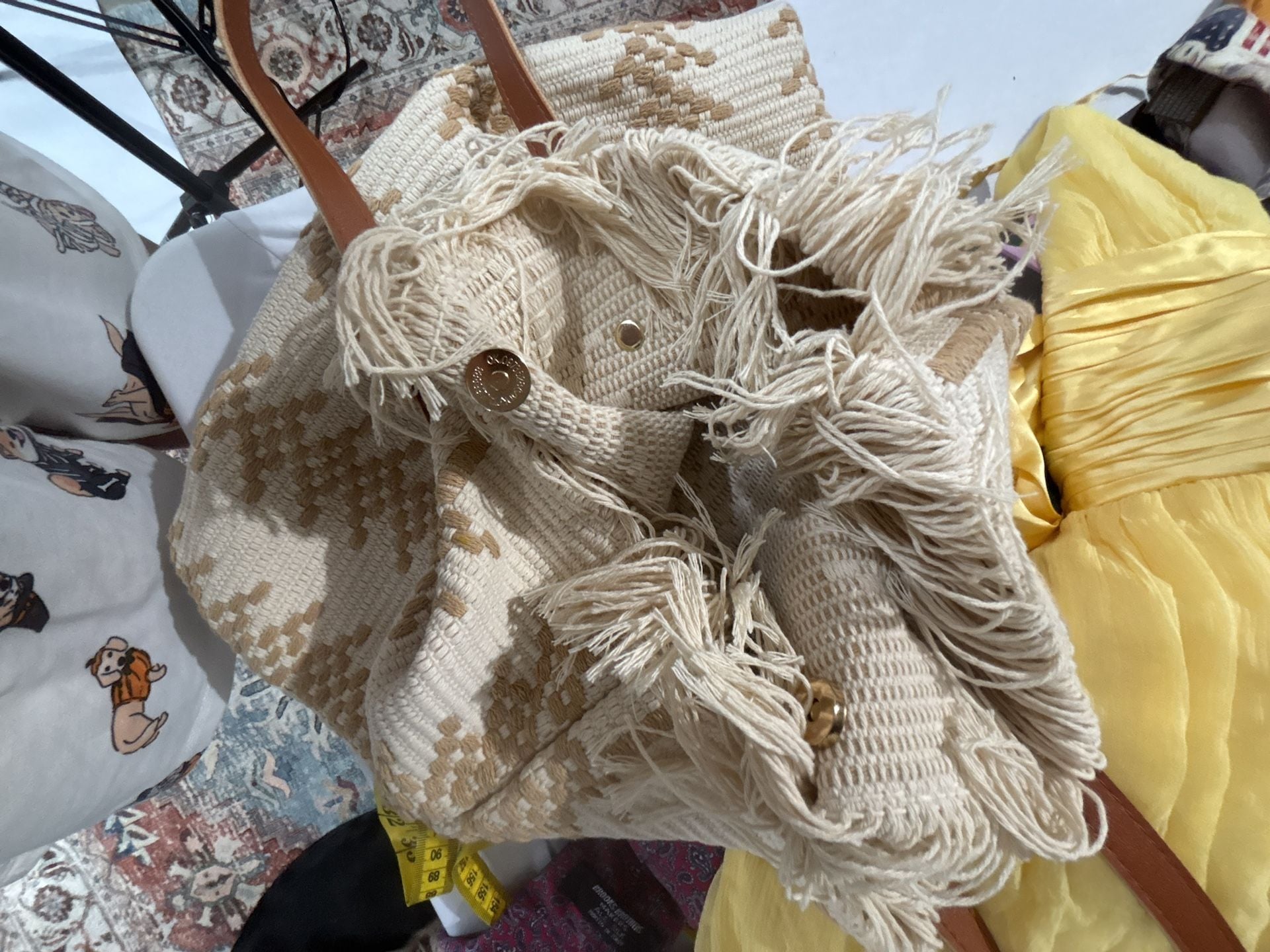 Unbranded Woven Geometric Tote Bag Beige Fringe 5