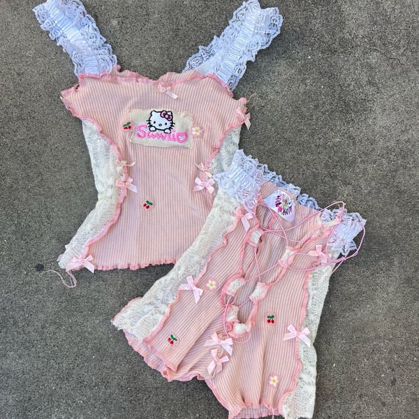 Y2K Hello Kitty Coquette Lace Two Piece Set • Cami & Shorts Loungewear Set. 