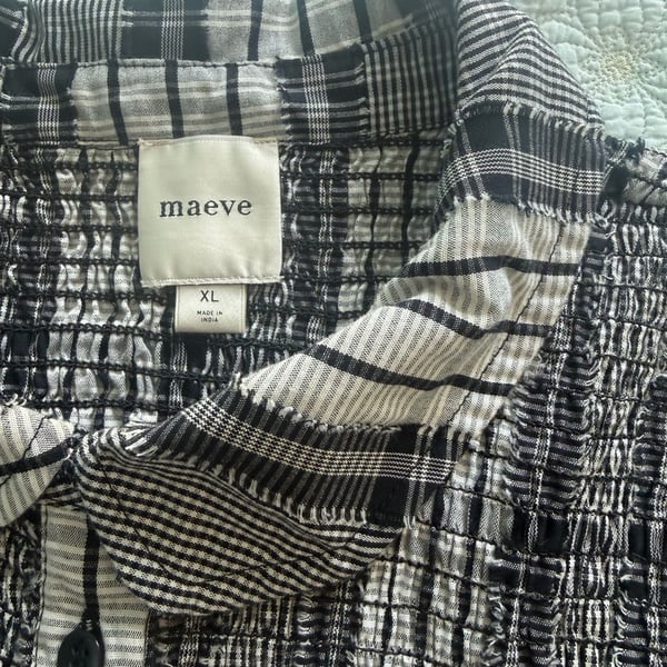 Maeve Plaid Smocked Midi Dress Size XL Black White Short Sleeve